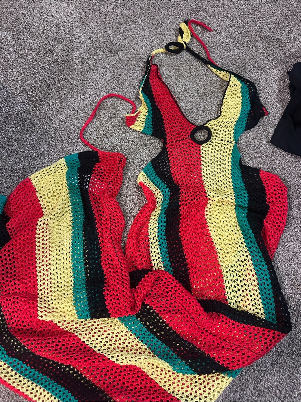 SHEIN Crochet Striped Swim Coverup in Red, Yellow, Green & Black